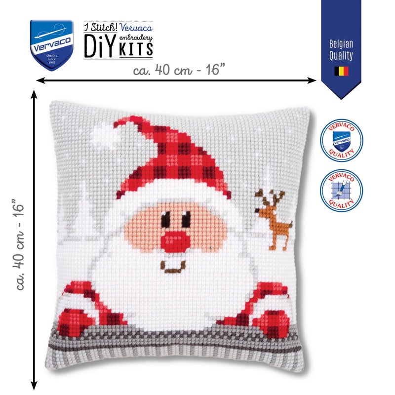 Vervaco Cross Stitch Christmas Pillow Kit Santa Joy DIY Home Decor Stamped Embroidery Chunky Cross Stitch Cushion Craft Supplies ca. 16" x 16" Needlepoint Kits for Adults Creative Gift - Image 2